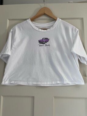 Venice Beach White Crop Tee with Purple Car Graphic 100% cotton
